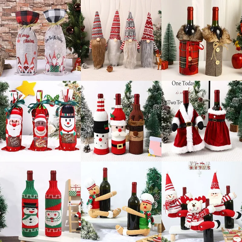 Christmas Wine Bottle Covers Gnome Santa Snowman Pattern Knit Burlap Fabric Drawstring Dining Table Decor Xmas Gift