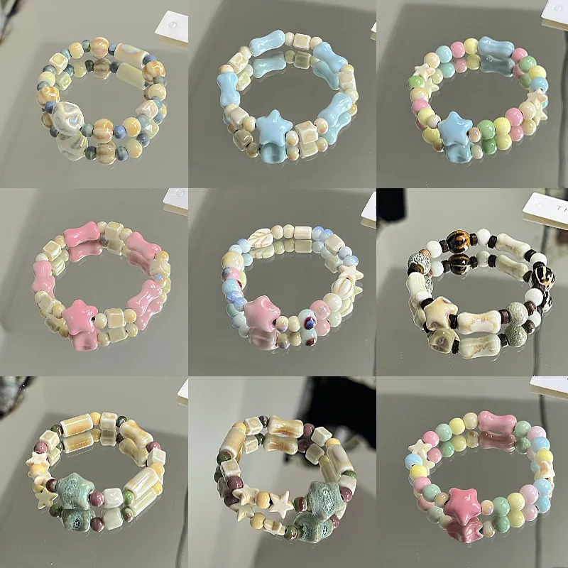 Handmade Ceramic Beaded Bracelet Bohemian Colorful Porcelain Beads Star Bone Heart Charm Hand Woven Unisex Jewelry Gift