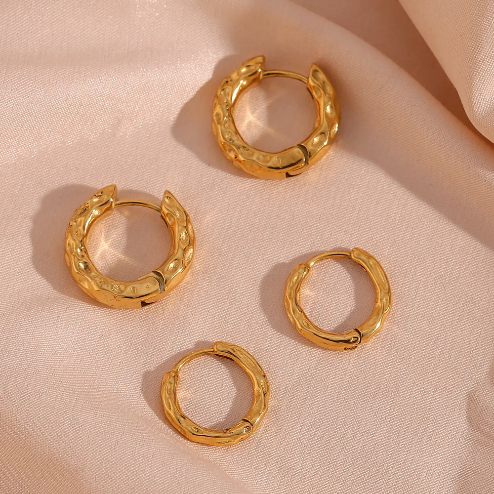 Minimalist Stainless Steel Hoop Earrings For Women Gold Plated Irregular Hammered Moon Surface Round Loop Ear Buckle Jewelry