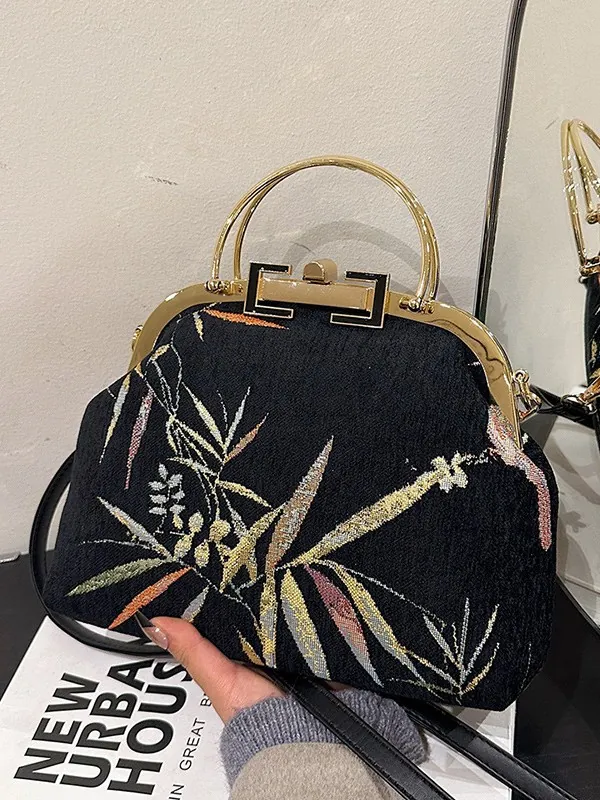 Women Vintage Embroidery Crossbody Bag New Chinese Style Hanfu Cheongsam Handbag With Metal Handle Bird Bamboo Leaf Pattern