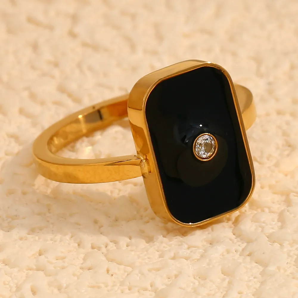 Square Black Enamel Ring Stainless Steel 18K Gold Plated Minimalist Geometric Zircon Jewelry For Women Fashion Accessory