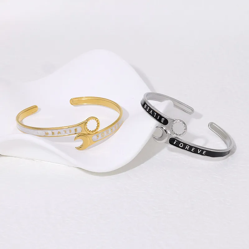 Wrench Shaped Open Cuff Bracelet Stainless Steel Enamel 18K Gold Plated Industrial Style Jewelry For Women Men