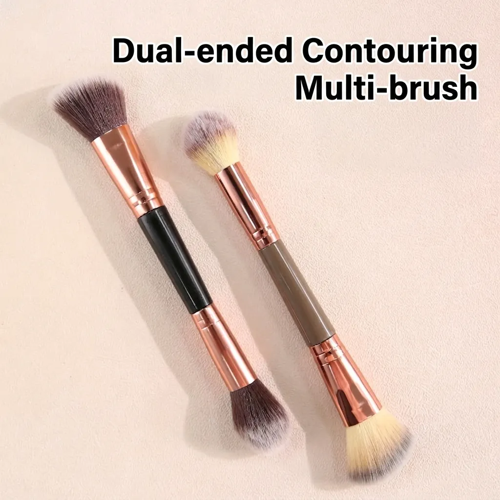 Dual Ended Makeup Brush Synthetic Fiber Soft Bristle Contour Blush Highlighter Angled Round Head Beauty Tool