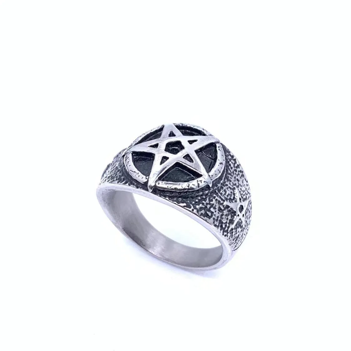 Vintage Pentagram Stainless Steel Ring For Men Punk Gothic Hip Hop Band Fashion Jewelry Polished Retro Silver Tone