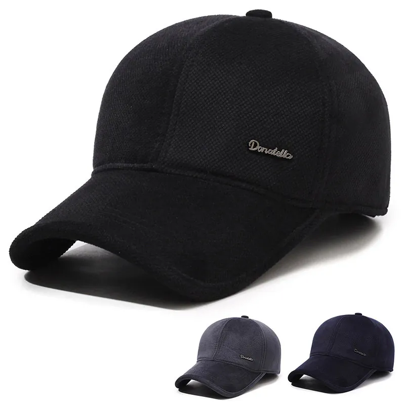 Men Winter Baseball Cap With Foldable Ear Protection Thick Warm Woolen Peaked Hat Outdoor Windproof Solid Color