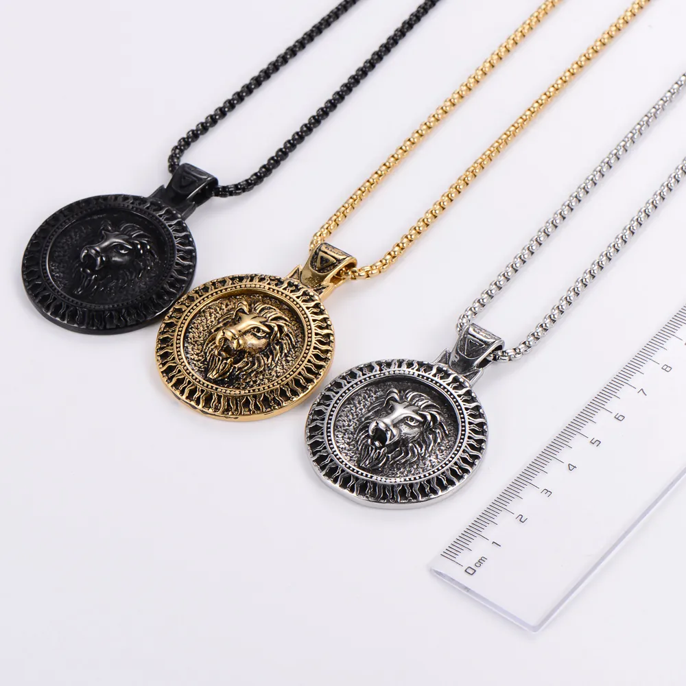 Lion Head Pendant Necklace Stainless Steel Viking Celtic Vintage Punk Round Medallion For Men
