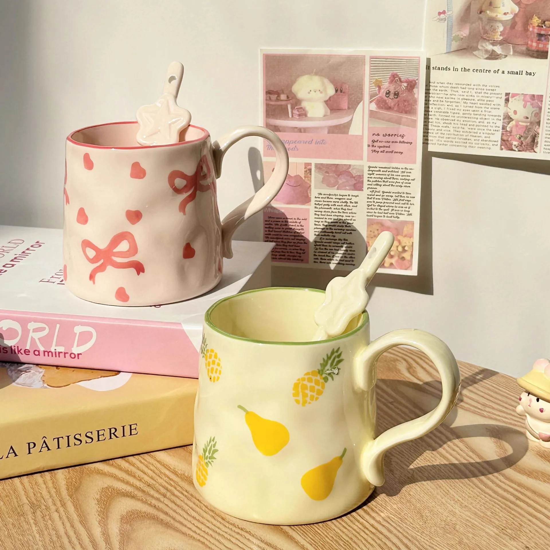 Cute Ceramic Mug And Star Spoon Irregular Hand Pinched Texture Bow Heart Pineapple Pattern Fresh Ins Style For Girls