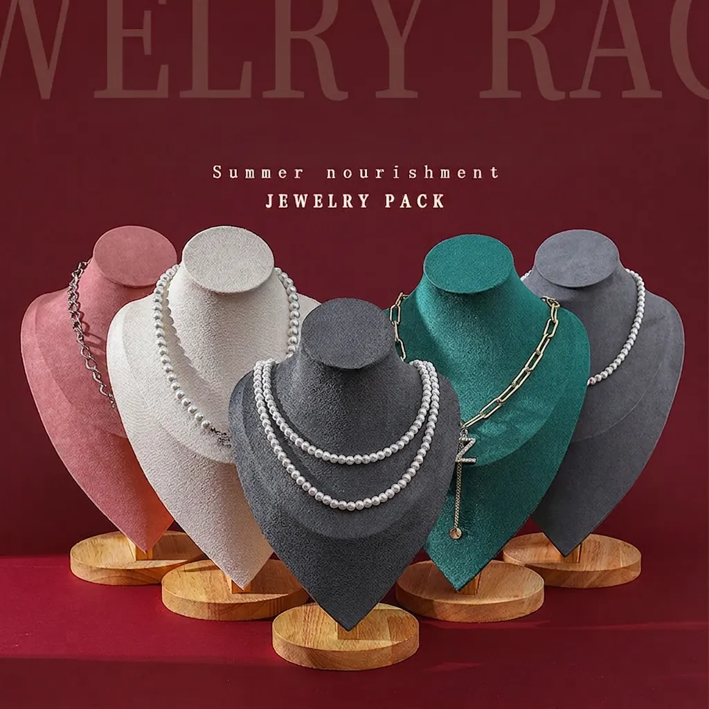 Necklace Display Stand Jewelry Bust Holder Wood Base Velvet PU Leather Elegant Portrait Jewelry Storage Organizer