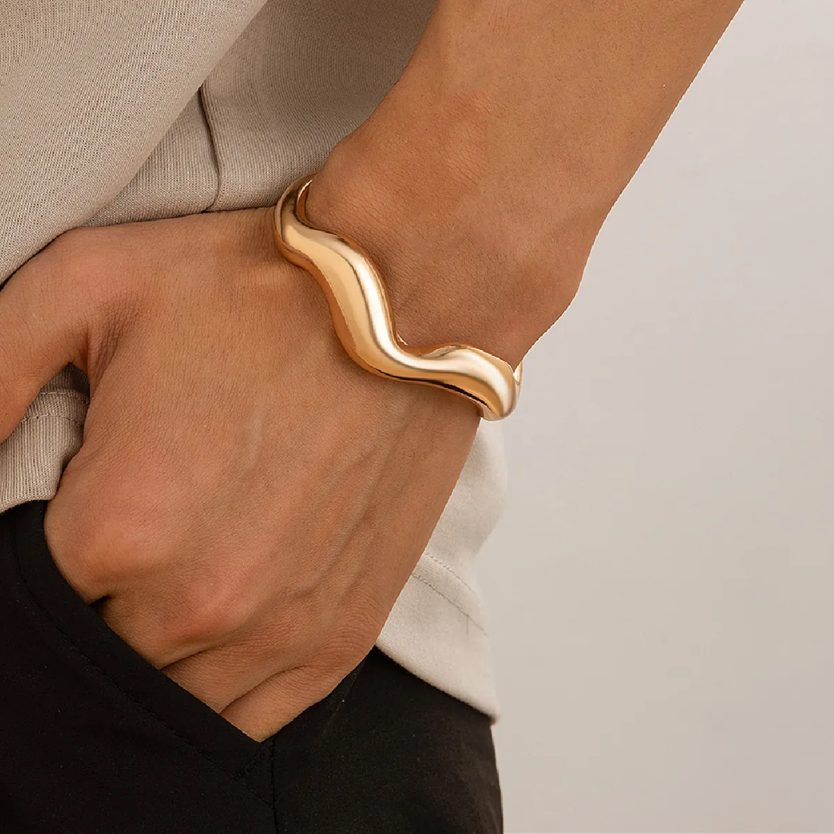 Irregular Wave Bangle Bracelet Alloy Smooth Polished Open Cuff Hip Hop Style Niche Design Jewelry For Men And Women