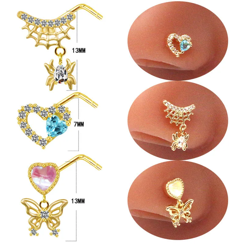 316L Stainless Steel Heart Butterfly Spider Web Nose Stud For Women Men Gold Silver Plated Zirconia Body Piercing Jewelry