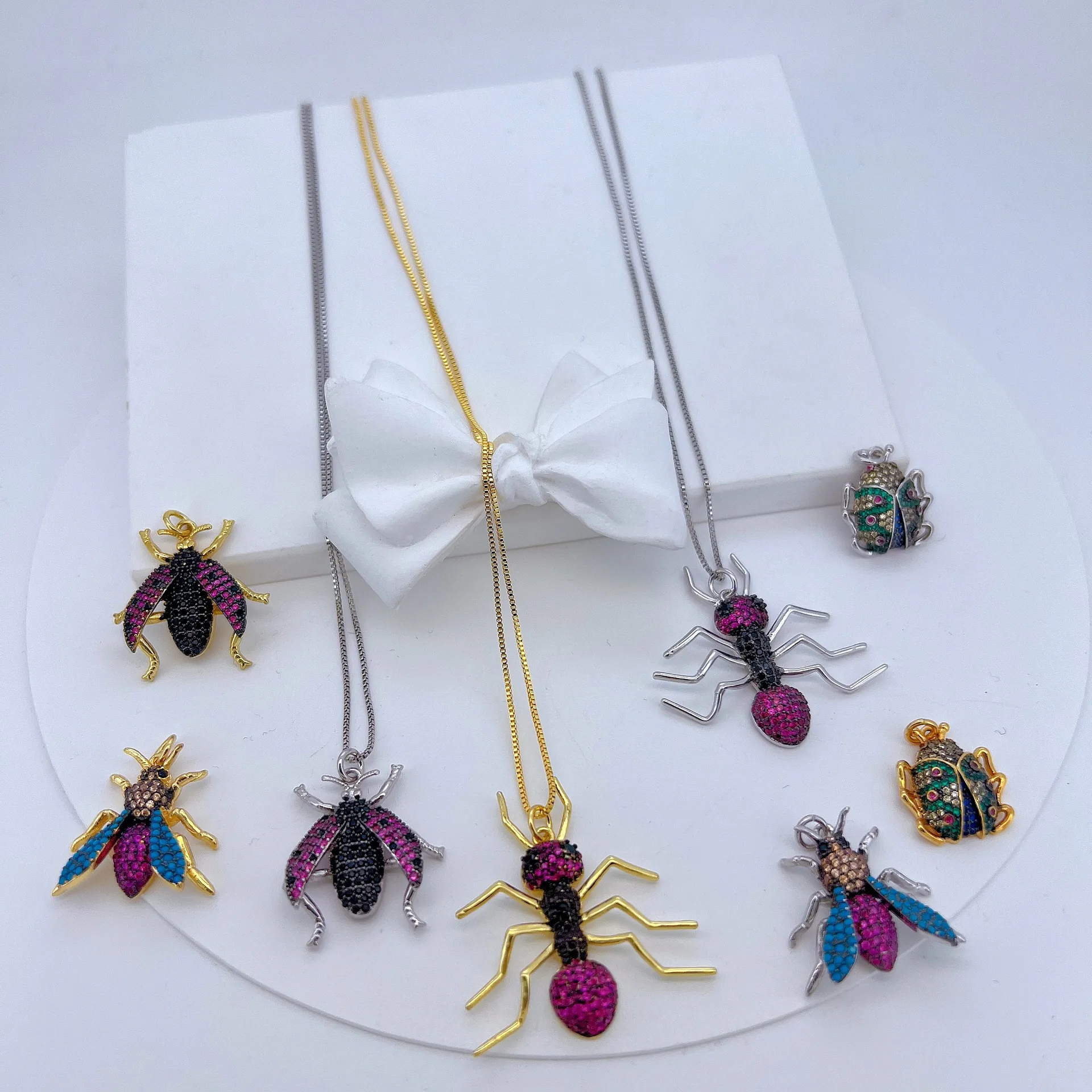 Insect Pendant Necklace Copper With Colorful Zircon Beetle Ant Bee Animal Theme Jewelry Gift For Women