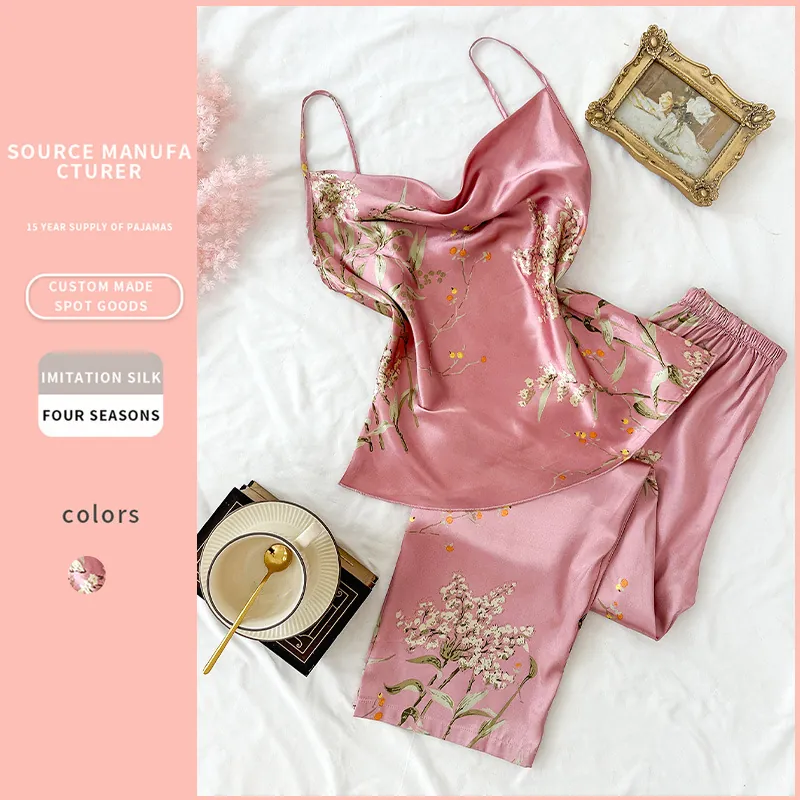 Pyjamas En Satin À Imprimé Floral Haut À Bretelles Et Pantalon Long Col En V Vêtements De Nuit Soyeux Pour Femmes