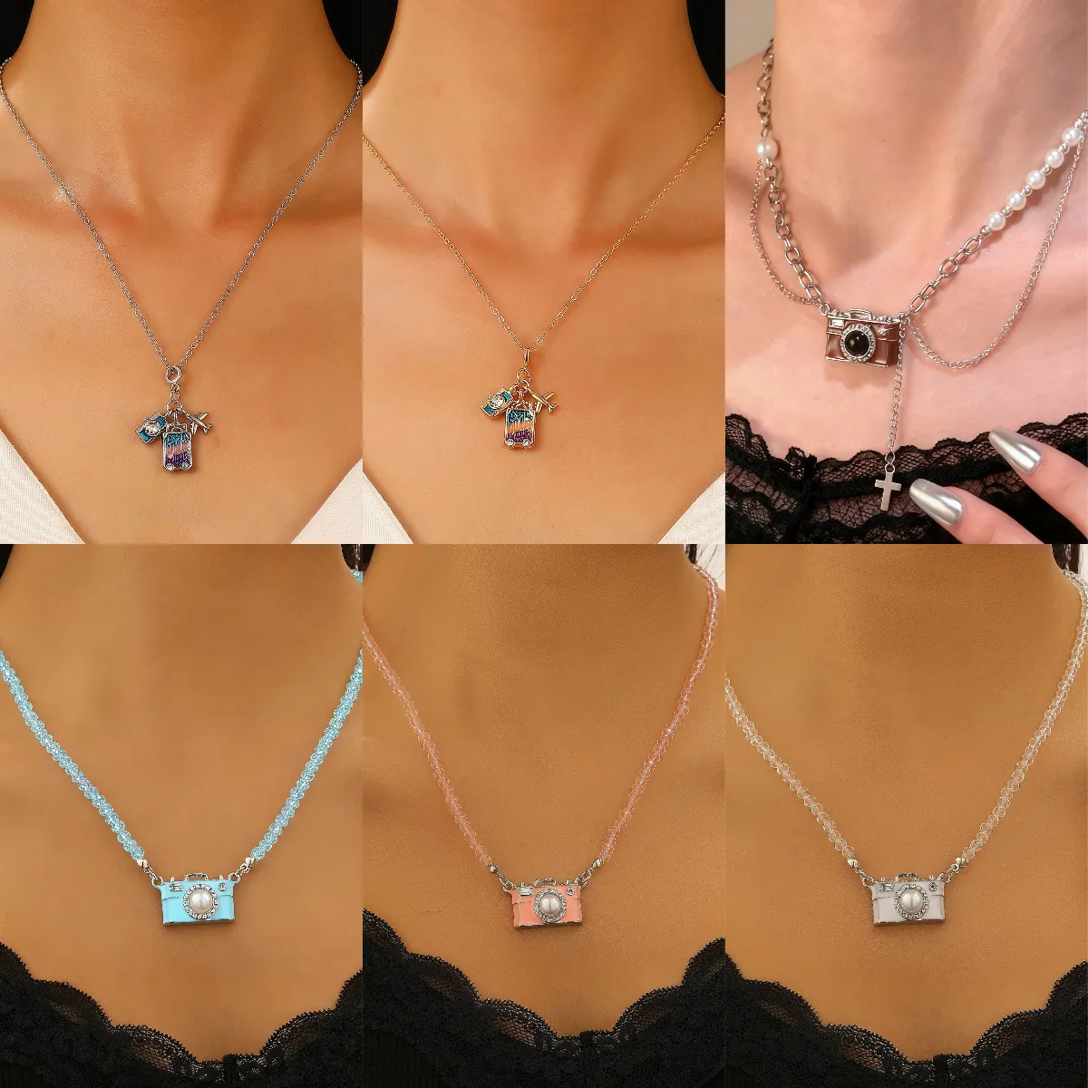 Reis Thema Legering Hanger Halsketting Voor Dames Camera Vliegtuig Koffer Bedeltjes Strass Emaille Vakantie Mode Sieraden Cadeau