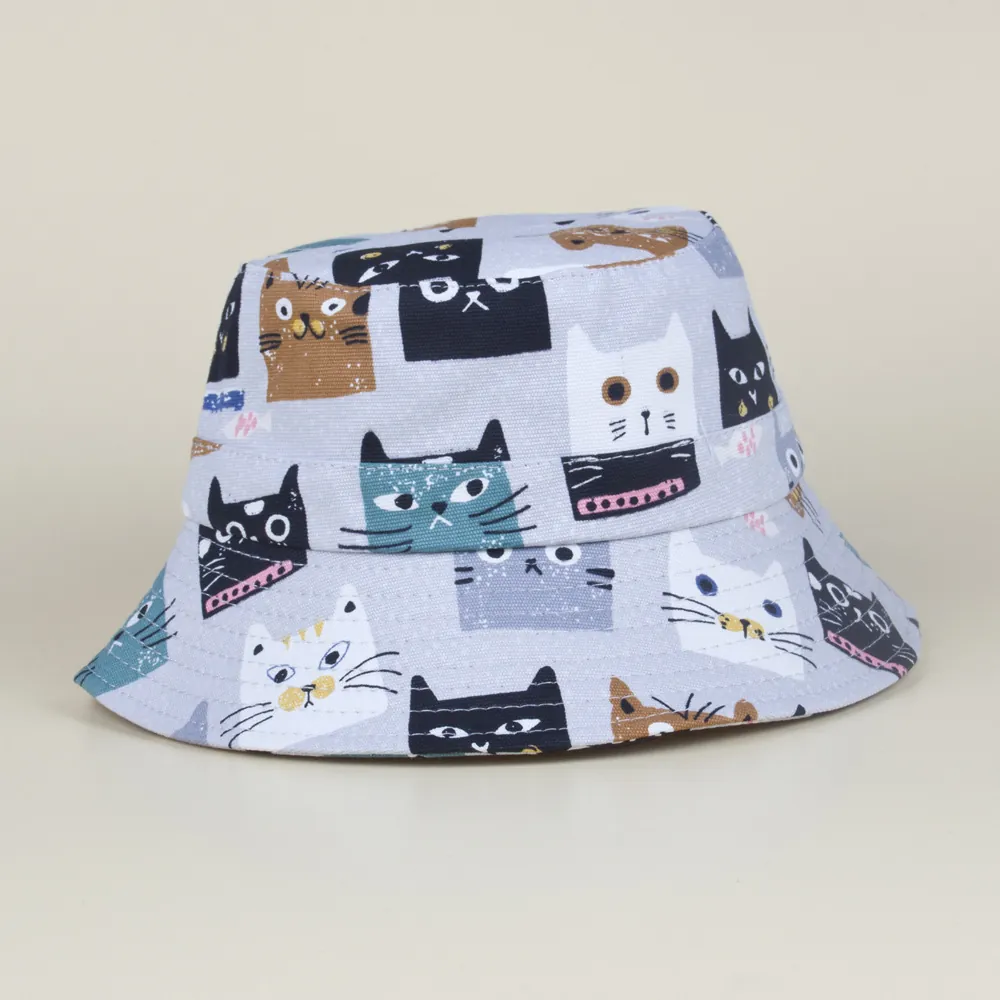 Cartoon Cat Print Bucket Hat Canvas Sun Protection Outdoor Travel Casual Cute Korean Style Fisherman Cap Unisex