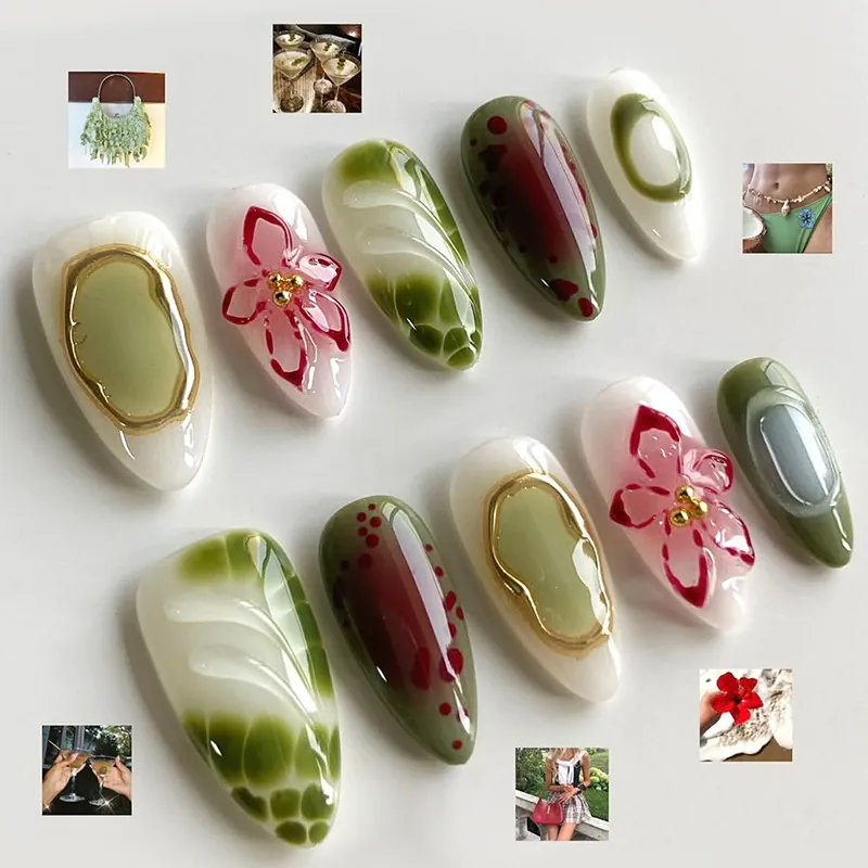 Short Almond Press On Nails Green Marble Red Floral French Style Fake Nails With Jelly Glue And Nail File