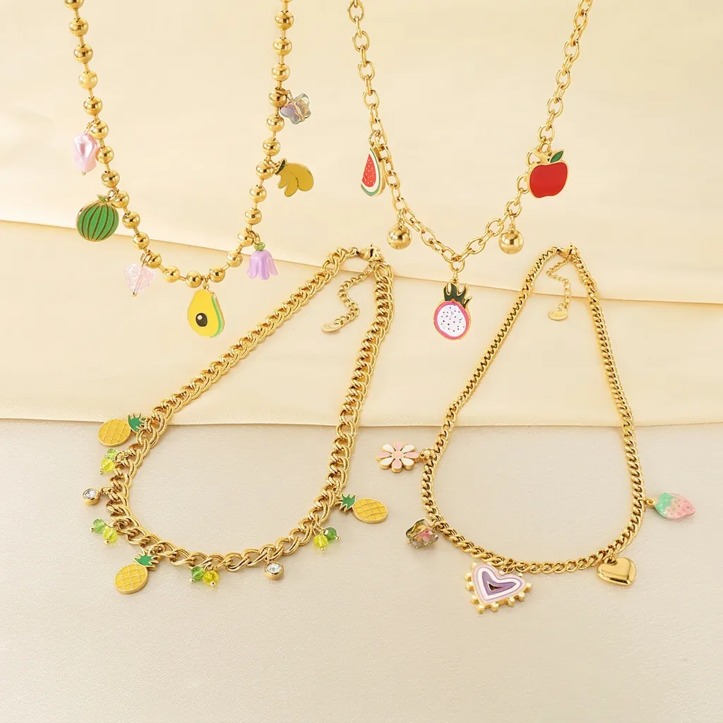 Collier Pendentif Fruits En Émail Acier Inoxydable Plaqué Or Ananas Fraise Chaîne Cubaine Bijoux Pour Femmes