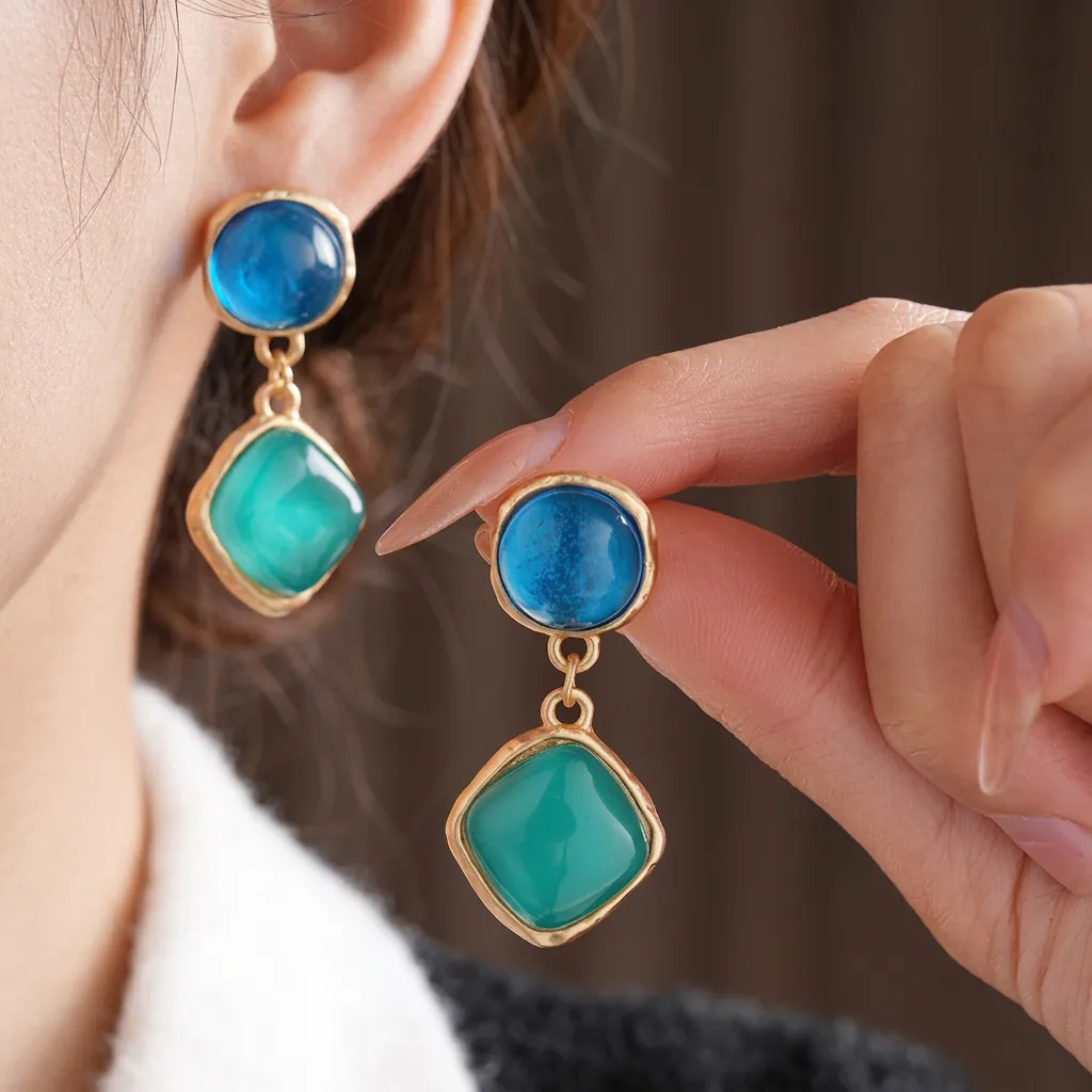 Boucles Oreilles Pendantes Vintage Cuivre Résine Avec Tige Argent Bloc Couleur Géométrique Rond Carré Bijoux Pour Femmes