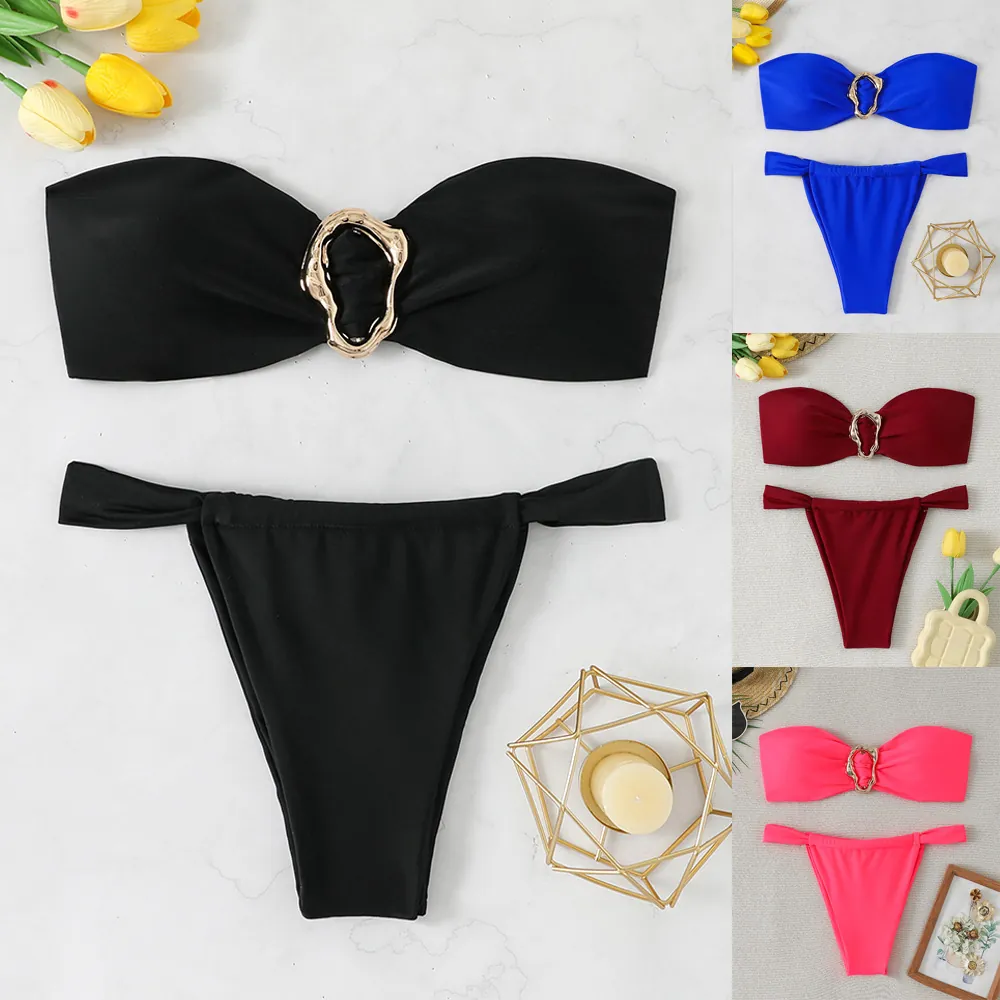 Bandeau Bikini Top And High Cut Bottom Polyamide Polyester Solid Color Gold Metal Ring Sexy Vacation Beachwear