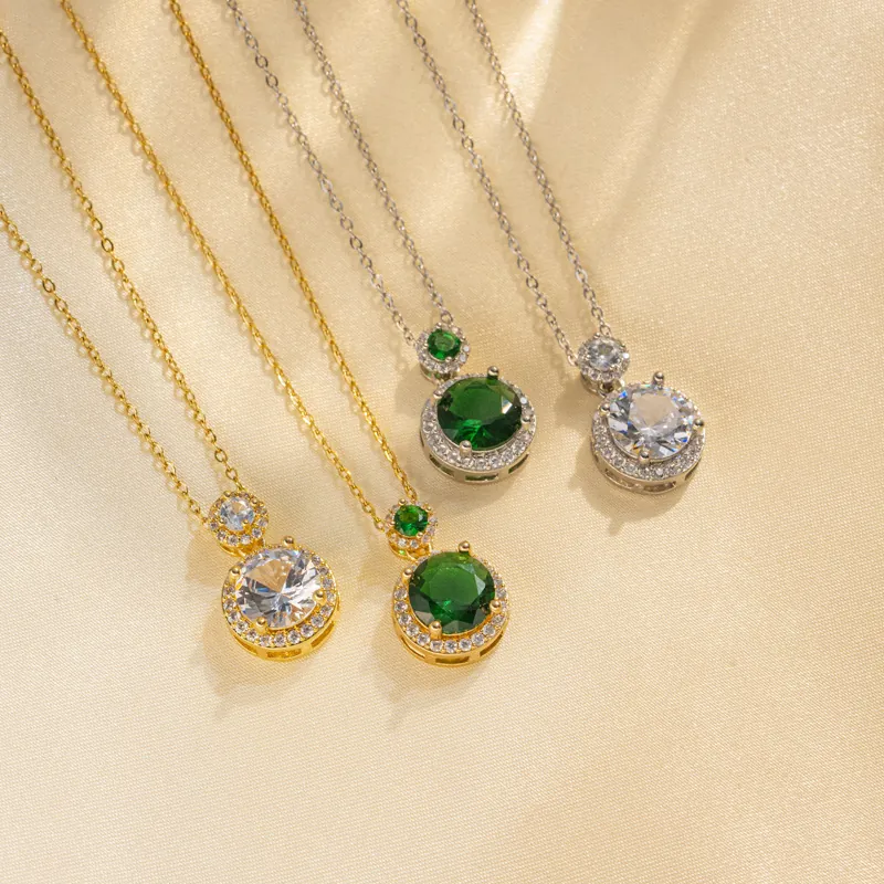 Vintage Smaragd Edelstein Titanstahl Halskette Eleganter Runder Strass Anhänger Gold Silber Vergoldet Schmuck Für Damen