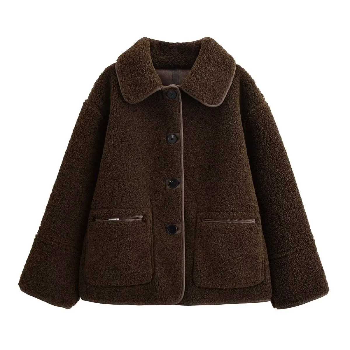 Women Casual Loose Sherpa Fleece Jacket Coat Turn-Down Collar Button Down Teddy Outerwear With Pockets Coffee Solid Winter