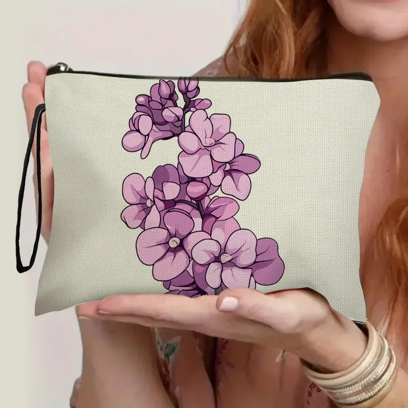 Floral Makeup Bag Fine Linen Cosmetic Pouch With Zipper And Wristlet Strap Purple Flower Print Travel Toiletry Organizer