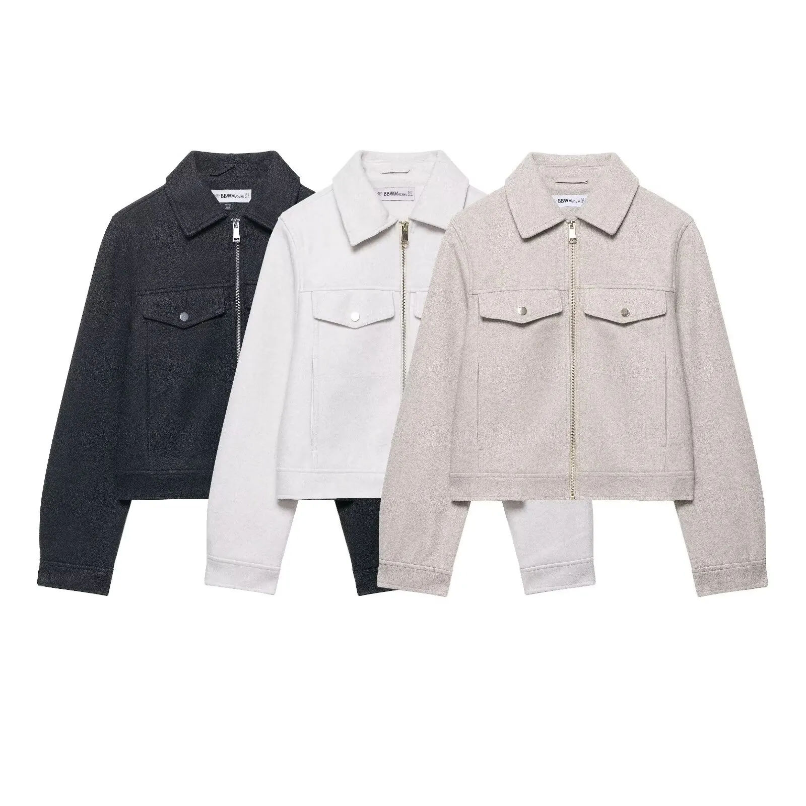 Women's Cropped Woolen Texture Jacket Zip-Up Lapel Collar Coat With Chest Pockets Fashion Casual Solid Polyester Outerwear