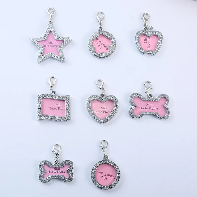 Pet ID Tag Mini Photo Frame Zinc Alloy Rhinestone Inlaid Dog Bone Star Heart Round Shape DIY Pet Identity Tag Jewelry