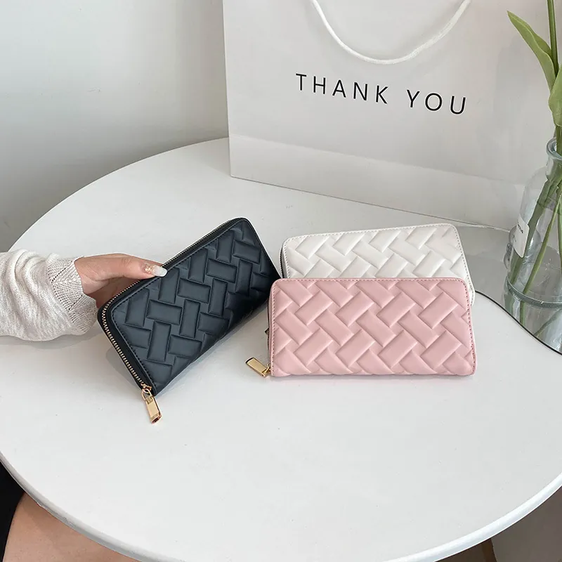 Woven Pattern Long Wallet PU Leather Zipper Around Clutch Purse Large Capacity Phone Holder For Women Fashion Casual