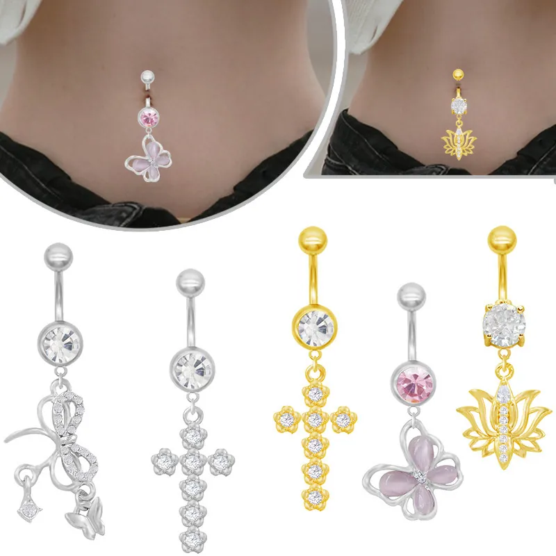 Anneau de Nombril en Alliage de Zinc Strass Croix Papillon Lotus Bijoux de Piercing pour Femmes Or Argent Clou de Nombril