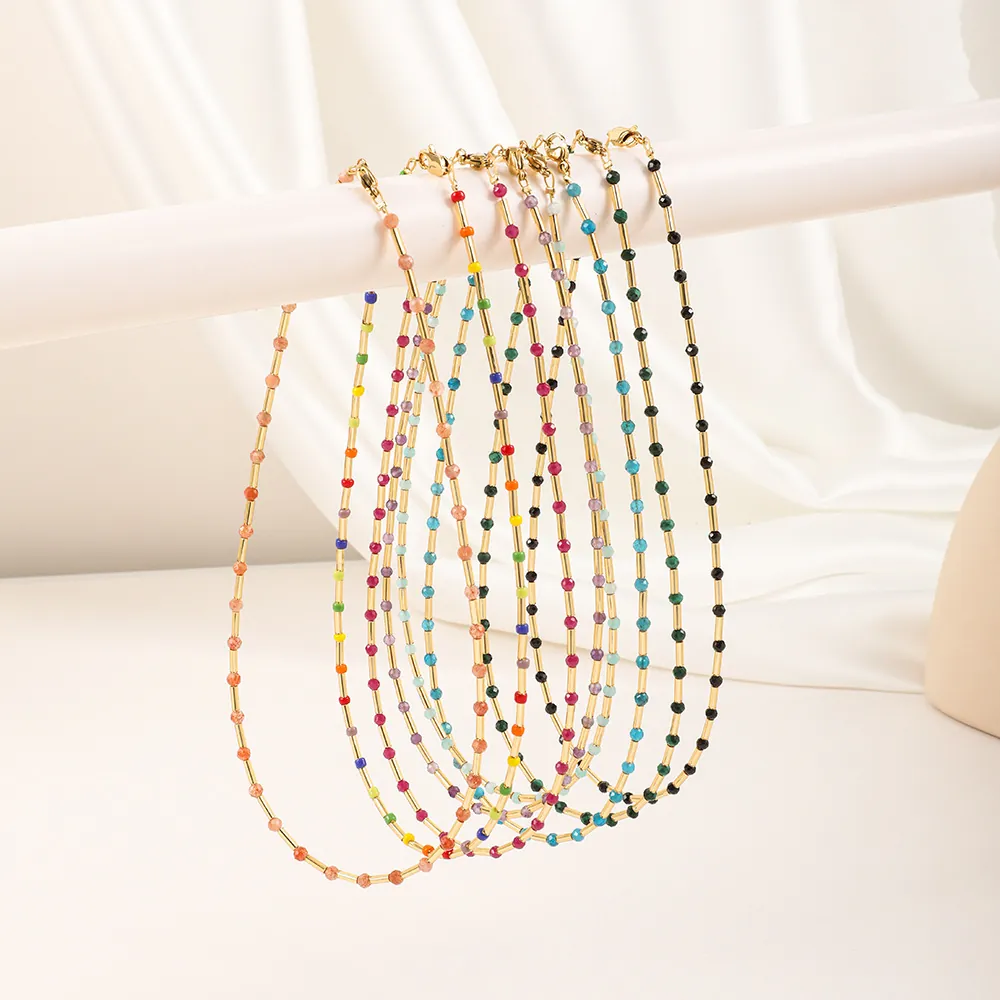 Beaded Necklace Natural Stone Colorful Faceted Beads Gold Tone Metal Tube Handmade Fashion Jewelry For Women