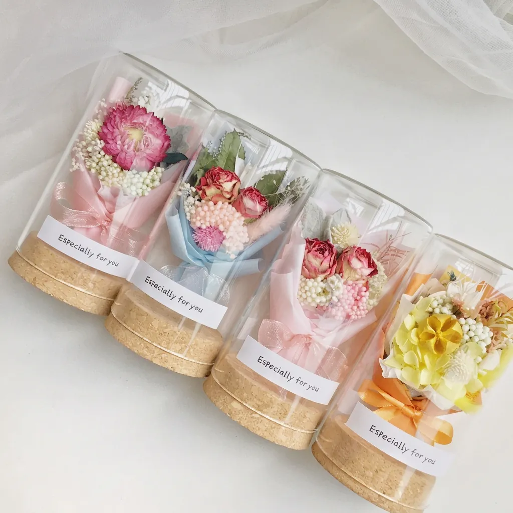 Preserved Dried Flower Bouquet Glass Dome Cork Base Eternal Rose Carnation Tabletop Ornament Gift