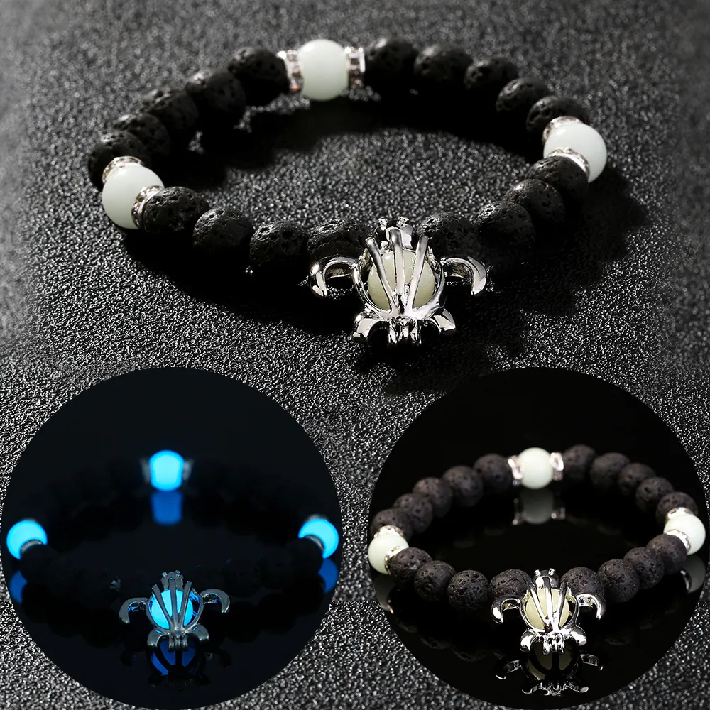 Black Lava Rock Volcanic Stone Luminous Beaded Bracelet With Alloy Turtle Pendant Glow In The Dark Elastic Rope Fashion