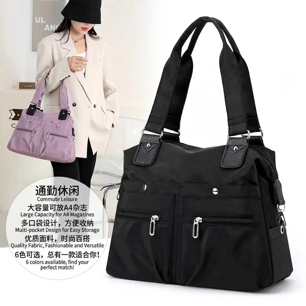 Women Nylon Tote Bag Large Capacity Multi Pocket Waterproof Shoulder Handbag Commuter Casual Lightweight