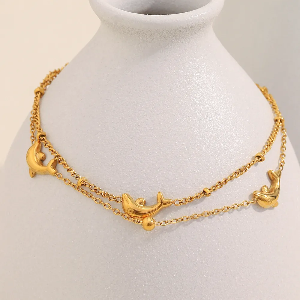 Dolphin Double Layer Bracelet Stainless Steel 18K Gold Plated Dainty Ocean Style Jewelry For Women Adjustable