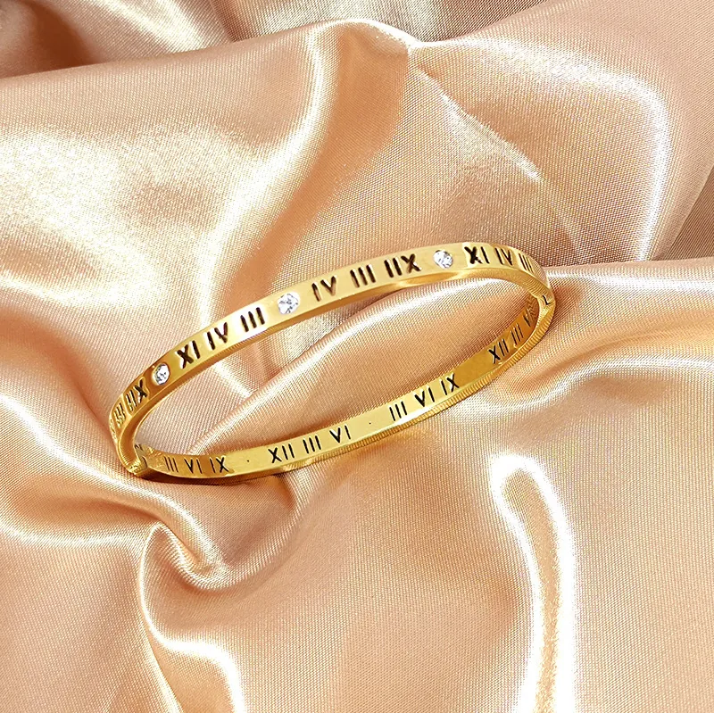 Roman Numeral Bangle Titanium Steel Rhinestone Studded Luxury Minimalist Fashion Jewelry For Women Non Fading