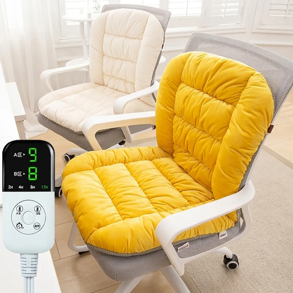 Integrated Office Chair Cushion Heated Plush Thickened Seat Pad Waist Support Backrest Winter Warm Soft Non-slip