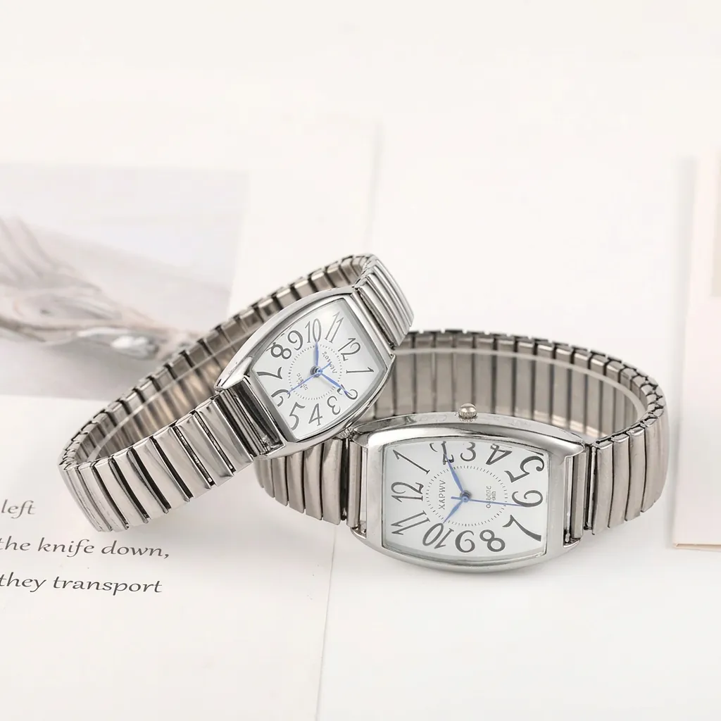 Montre Quartz Tonneau Vintage Bracelet Extension Acier Inoxydable Grands Chiffres Arabes Montre Couple