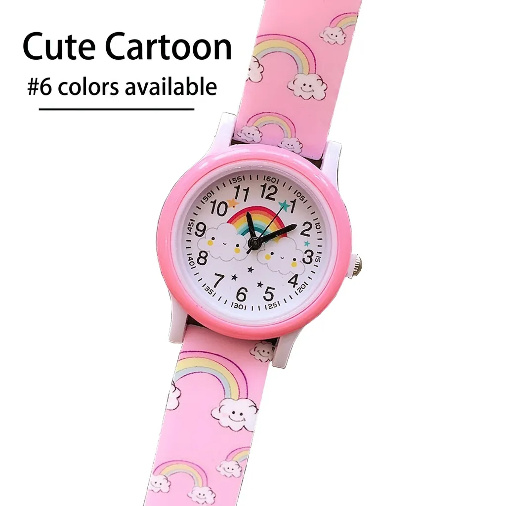 Cute Cartoon Rainbow Cloud Print Children's Watch Silicone Strap Analog Quartz Wristwatch For Kids Girls Student Gift