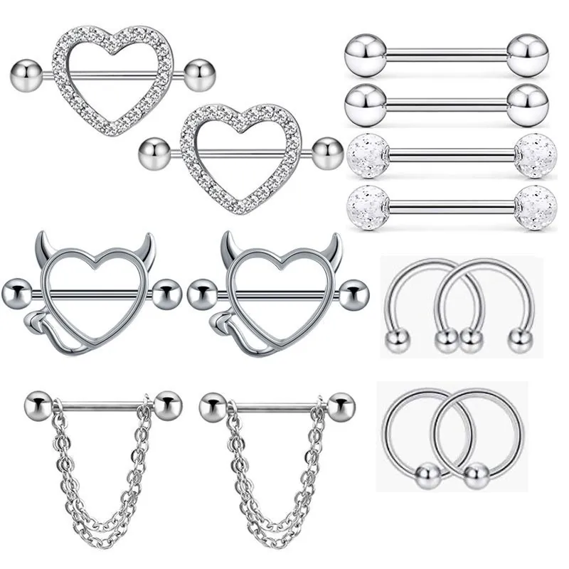 Stainless Steel Rhinestone Nipple Piercing Jewelry Set Heart Devil Chain Dangle Barbell Body Piercing Accessories For Unisex