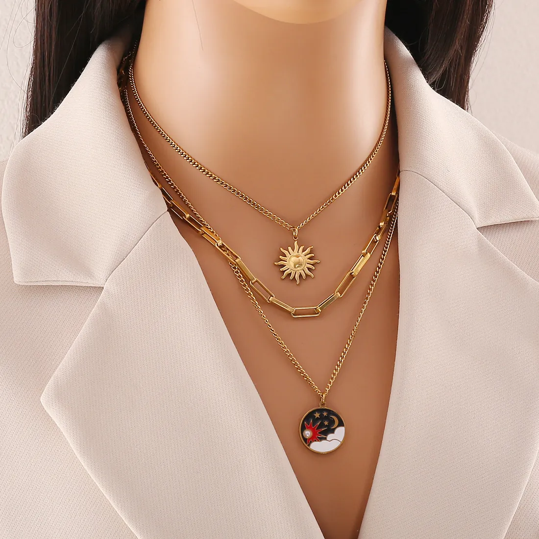 Vintage Edelstahl Mehrlagige Halskette Mit Sonne Mond Stern Emaille Anhänger Himmlischer Schmuck Für Damen