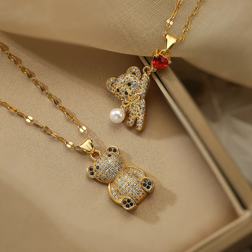 Bear Pendant Necklace Gold Plated Copper With Zircon Heart Gem And Artificial Pearl For Women Trendy Cute Clavicle Chain Jewelry