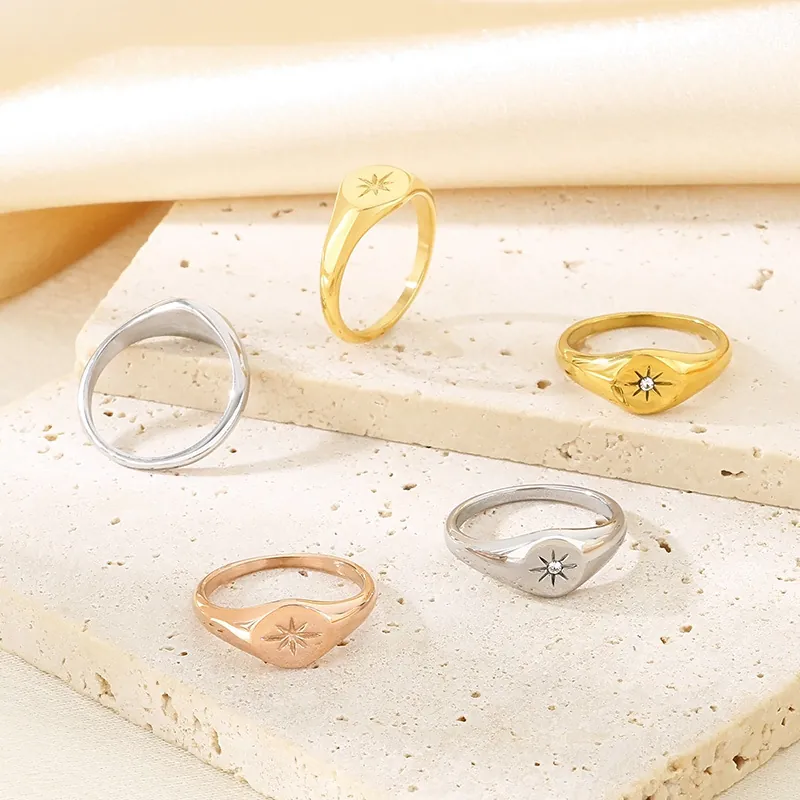 Bague Chevalier Acier Inoxydable Étoile À Huit Branches Étoile Polaire Ovale Brillante Bijou Mode Homme Femme