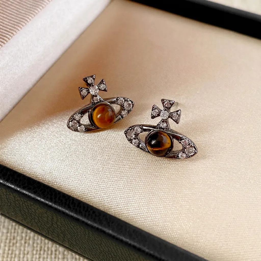 Boucles Doreilles Saturn Orb Avec Oeil De Tigre Zircon Cuivre Et Tige En Argent Bijoux Style Punk Retro Pour Femmes