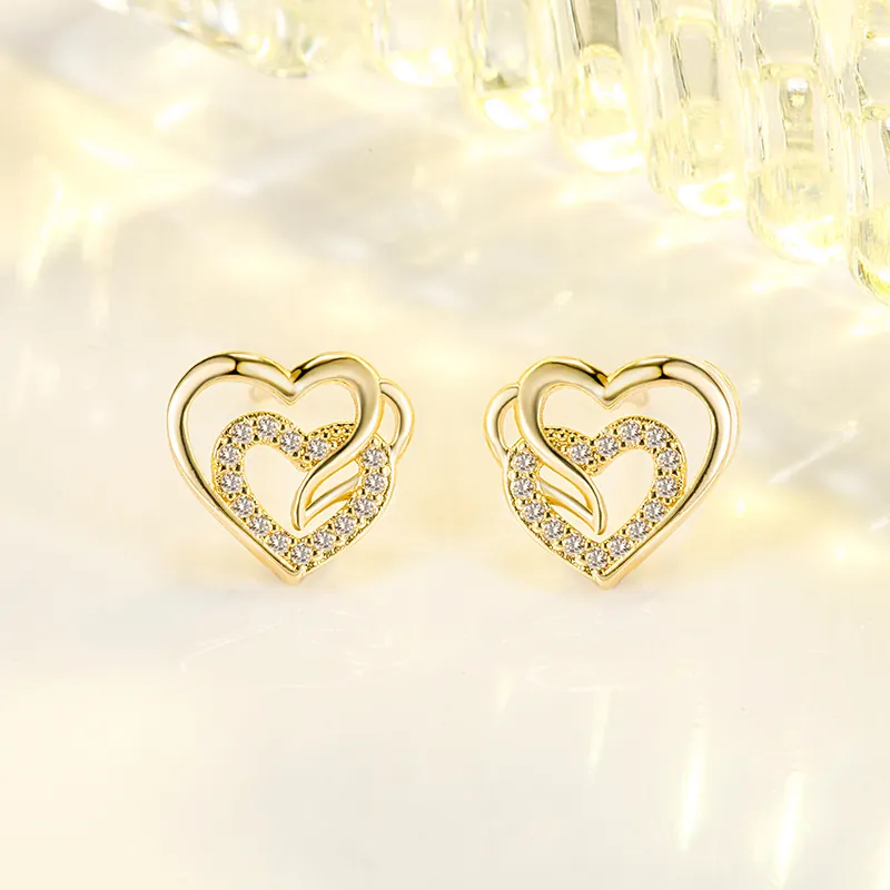Double Heart Stud Earrings Exquisite Copper Hollow Heart Micro-set Zircon Elegant Jewelry For Women
