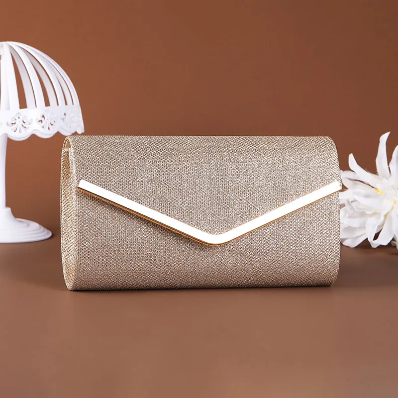 Women Evening Clutch Bag Glitter Envelope Handbag With Chain Strap V-Shape Metal Trim For Party Wedding