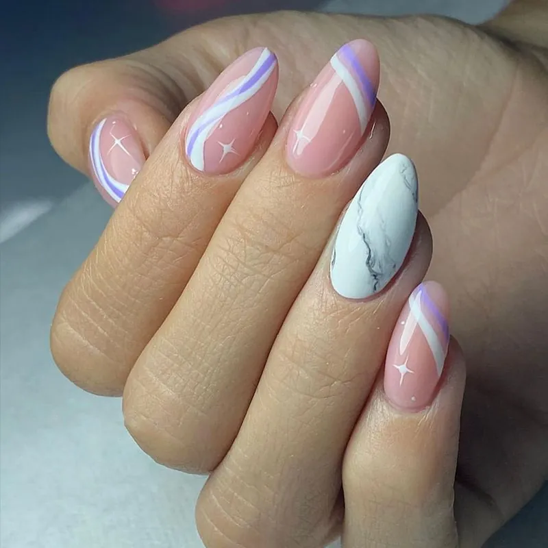 Faux Ongles Amande Rose À Presser Motif Marbré Lignes Ondulées Étoiles Ongles Artificiels Pour Femmes