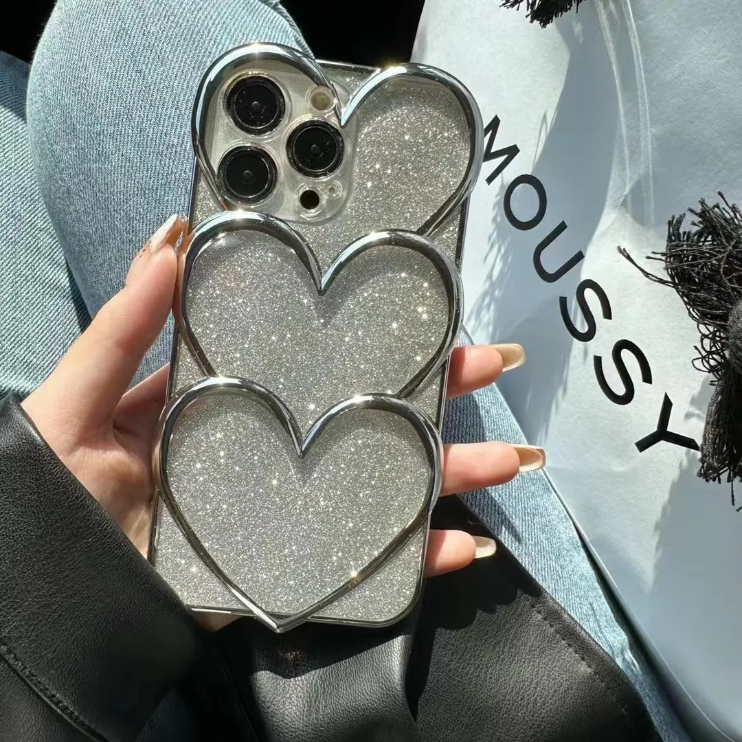 Phone Case Electroplated Silver 3D Layered Hearts Glitter Shockproof TPU Protective Cover For iPhone Series
