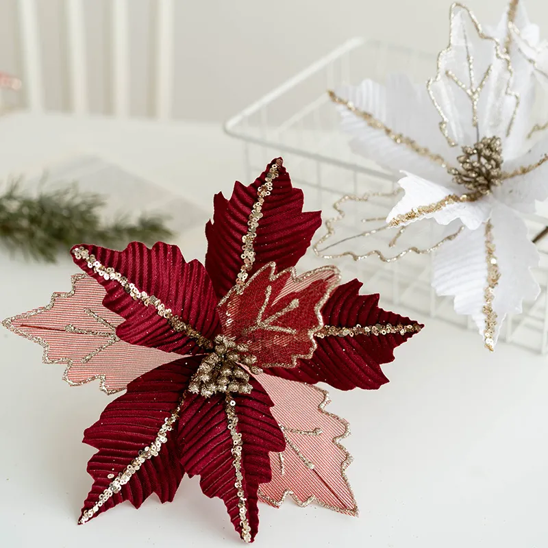 Stella di Natale Artificiale Fiore Decorativo Paillettes Garza a Rete Tessuto Glitter per Albero di Natale Ghirlanda