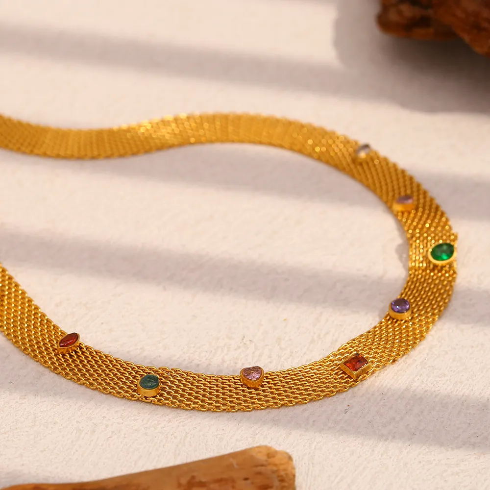 Colorful Zircon Mesh Band Necklace 18K Gold Plated Stainless Steel Rainbow Gemstone Jewelry For Women Elegant