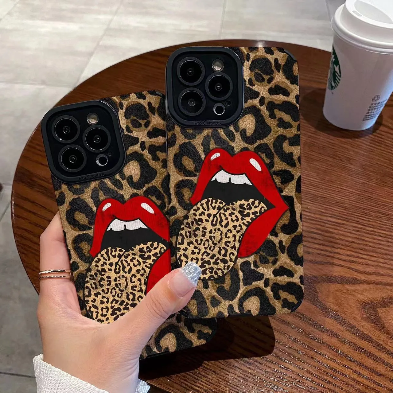 Phone Case Leopard Print Red Lips Big Tongue Pattern Shockproof Protective Cover Fashionable Quirky Textured Pattern